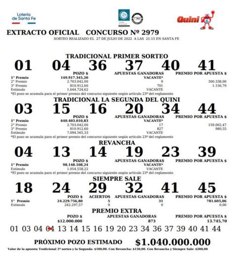 resultado loteria de santa fe - Extracto Quini6 